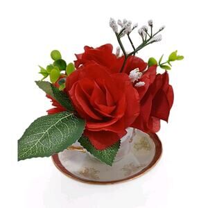 Red Roses Leafy Floral Arrangement Tea Cup POP-IN Sparkle Heart Valentine Love